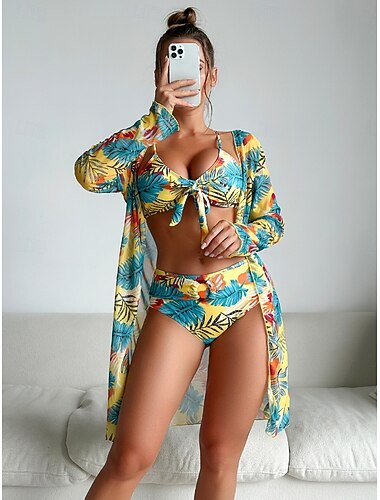  Damen Bikini 3 teiliges Badeanzug Palm Slips Slim Rückenfrei Urlaub Strandbekleidung Floral V-Ausschnitt Ärmelloses Langarm Badeanzug