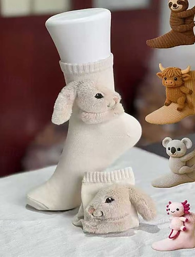  3D-Strick-Weihnachtssocken mit Tiermotiven / Lustige Weihnachtsstrümpfe, Wintersocken aus Baumwolle / Thermosocken, warm und winddicht, 1 Paar, Tiermotiv, Polyester, weiß, gelb, rosa, Einheitsgröße