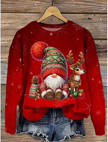  Dame Gensere Grafisk julenissen Jul Fritid Langermet Crew-hals Vanlige topper Gate Avslappet Ferie Trykt mønster Svart Rød Kakifarget Mørkegrå Høst Vinter