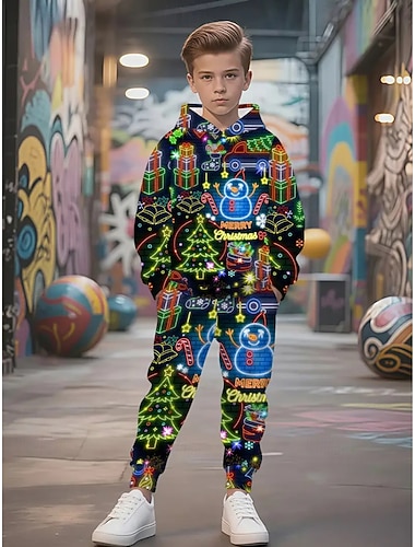  Navidad Chico 3D Graphic Árbol de Navidad Conjuntos navideños regalo de Navidad Conjunto de sudadera con capucha y pantalones deportivos Manga Larga Primavera Otoño Diario Básico Casual Niños 4-12