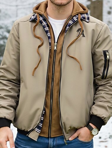  Herren Drache Mit Buchstaben bedruckt Wintermantel Gepolstert Kapuzenjacke Thermowarm Sportlich Lässig Outdoor Alltagskleidung Reißverschluss Verstellbare Kordelzughaube Karofutterierte Oberbekleidung