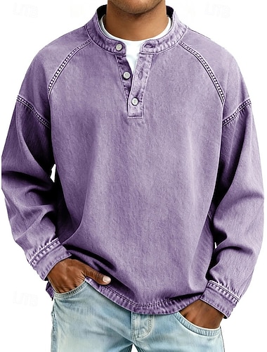  Herren T Shirt Henley Hemd Hemd aus 100 % Baumwolle in Säurewaschung T-Shirt Langarm Einfach Vintage Streetwear Lässig Gewaschen Raglanärmel Stehkragen Henley Lässig Heim Straße Frühling Herbst