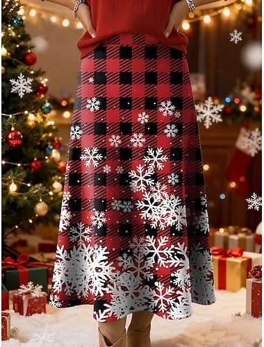  Рождественские женские юбки-миди с высокой талией, повседневные, клетчатые, пэчворк, эластичные, праздничные, золотистые, красные, зеленые, осенние, полиэстеровые