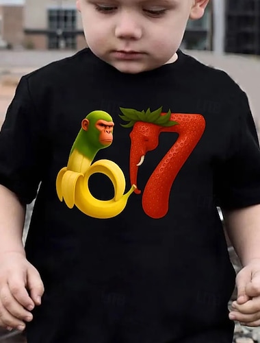  Camiseta informal de manga corta para niño, ideal para el verano, con estampado de plátano, gorila, fresa y elefante. &Estampado de dibujos animados número 67 - amarillo vibrante con rojo &Diseño
