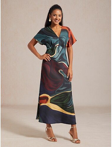  Dámské maxi šaty saténové s abstraktním potiskem, rukávy do V, výstřih do pasu s kravatou, elegantní, ležérní, dovolená, jaro, léto, podzim