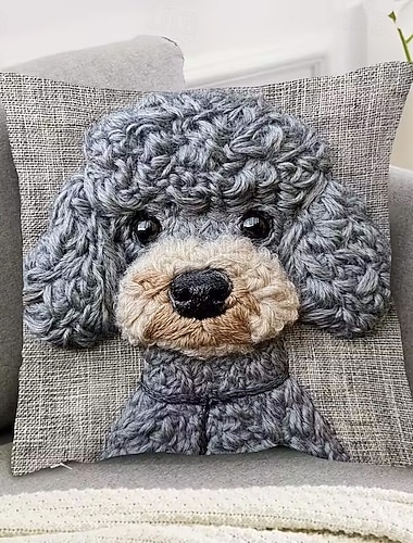  Capa de almofada decorativa cinza com estampa de cachorrinho de pelúcia fofo, macia e curta, com bordado falso em 2D, para sofá, quarto, sala de estar e decoração de móveis.