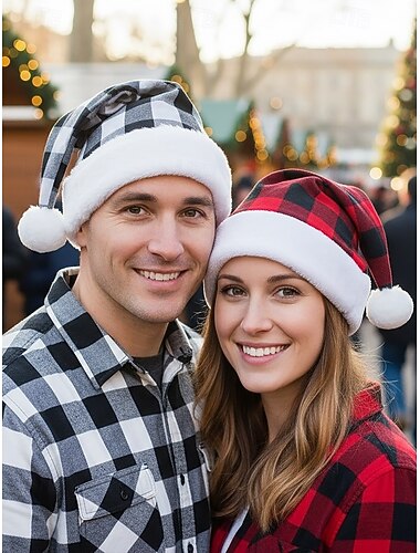  Unisex-Weihnachtsmütze aus Polyester und Plüsch mit rot-schwarzem Karomuster, perfekt für Weihnachtsfeiern und Winterfeste.