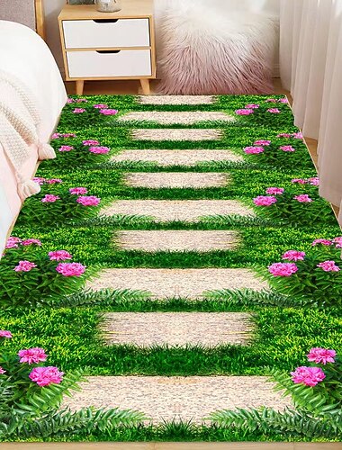  Tapete de área com estampa plana 2D, antiderrapante e de secagem rápida, com padrão visual 3D de flores e plantas. Macio, ideal para quarto ou ao lado da cama. Durável e fácil de cuidar.