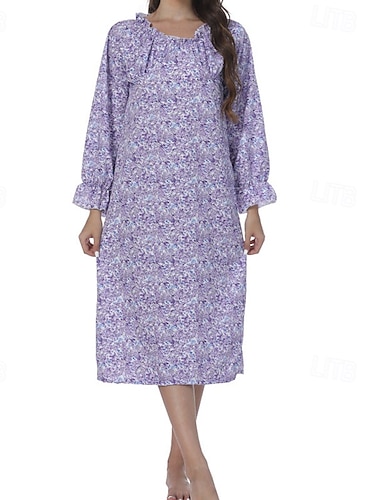  Damen Schlafanzug Freizeitkleidung Mode Lässig Blumen Rüsche Kleid Urlaub Heim Langarm Rundhalsausschnitt Purpur Frühling Herbst Winter Normale Passform