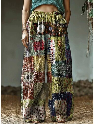  Mujer Perneras anchas Pantalones Pantalones palazzo Vacaciones Vintage Estilo Étnico Longitud total Alta cintura Flor Correa Retazos Cintura elástica Transpirabilidad Cómodo Rígido Formal Vacaciones