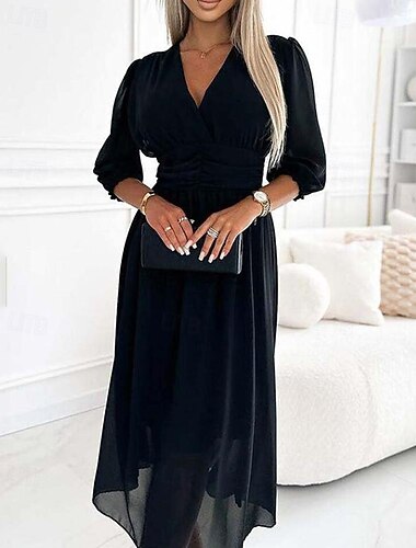  Damen Midikleid schwarzes kleid Freizeitkleid Elegant Mode Modern Täglich Ausgehen Wochenende Normale Passform Einfach Dreiviertelarm V Ausschnitt Blau Schwarz Grün Frühling Herbst