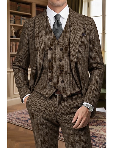 Menn Virksomhet Avslappet Tweed dresser Spissjakkeslag Svart Brun Daglig Forretning Fiskebein Skreddersydd 3 deler sett Enkelt Brystet To-knapp