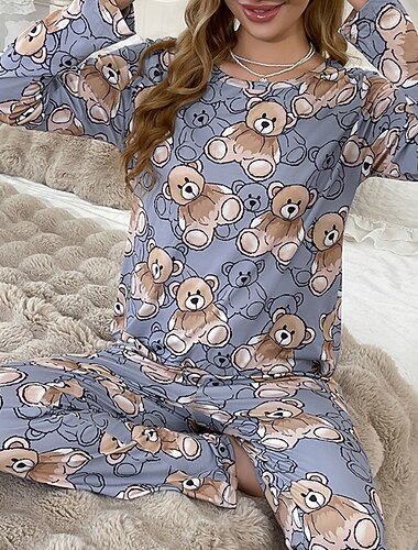  Damen Schlafanzug Freizeitkleidung Schlafanzug Set Lässig Cartoon Elastischer Bund Hose Heim Bett Langarm Rundhalsausschnitt Blau Frühling Herbst Lässiger Schnitt