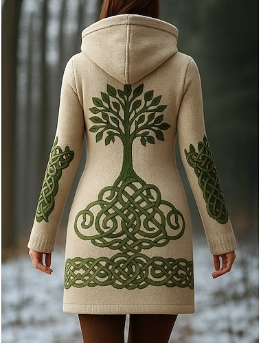  cardigan da donna vichingo vintage quotidiano stile etnico geometrico sfumato di colore a coste cappuccio tasca bottoni stampa manica lunga top lunghi maglia all'aperto weekend beige autunno inverno