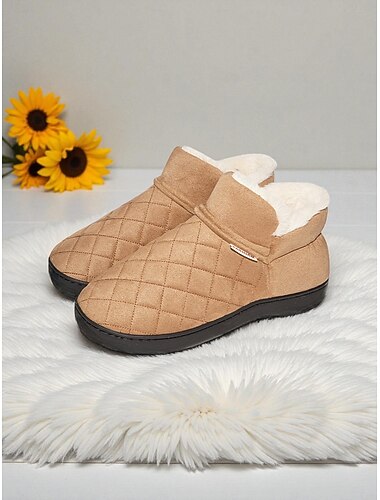  女性用キルティングフリース裏地室内スリッパブーツ - 暖かくて快適な女性用冬用ハウスシューズ、滑り止めソフトソールで自宅、寝室、リラックスに最適