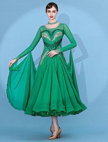  رقص الصالة فستان طيات ربط كريستال / أحجار الراين نسائي أداء التدريب كم طويل ارتفاع عال سباندكس شيفون شبكة