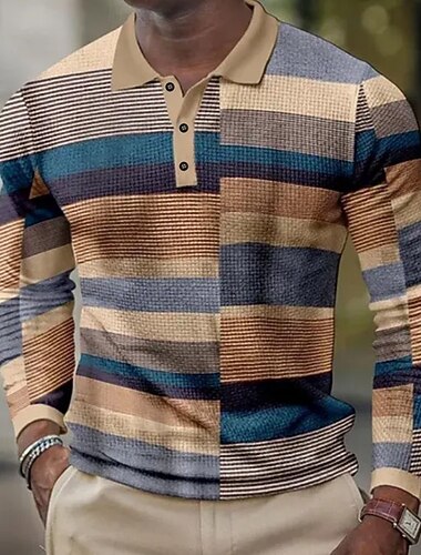  Miesten Väripalikka Geometrinen Vohveli poolopaidat Pitkähihainen Poolopaidat Kauluspaidat Business Casual liiketoiminta Käytä töihin Arki-asut Napit Kevät Syksy Talvi Valkoinen Sininen Ruskea
