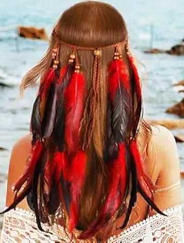  Acessórios de Samba Tiara de Plumas Vermelha e Preta - Acessório de Cabelo Hippie Ajustável com Contas|l Fantasia de Performance