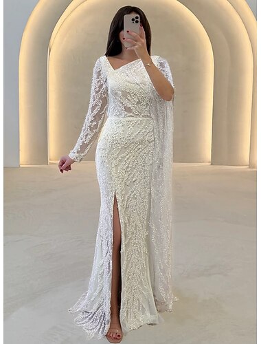  Trompet zeemeermin Tot de grond Baljurk met cape Avondjurken Formele kleding Elegant Vintage Hoge splitsing Lange mouw V-hals Bruiloft Formeel Pailletten met Glitter Split Shawl