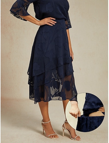  Damen Elegant Lässig Midi Mittlere Taille Röcke Blumen Spitze Rüsche Unregelmäßiger Saum Mikroelastisch Date Alltagstauglich Marinenblau Frühling, Herbst, Winter, Sommer Polyester