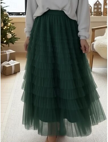  Mulheres Evasê Elegante Longo Cintura Média Saias Multi Camadas Sem Elasticidade Vinho Preto Rosa claro Marron Primavera Tule