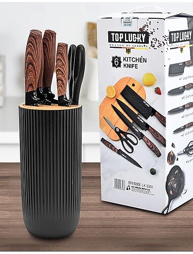  keittiöveitsisetti, 6-osainen ylellinen puupinnoitettu veitsisetti, vaalea puunsyykuvioinen kahva, ruostumattomasta teräksestä valmistettu tarttumaton kokkiveitsi veitsitelineellä