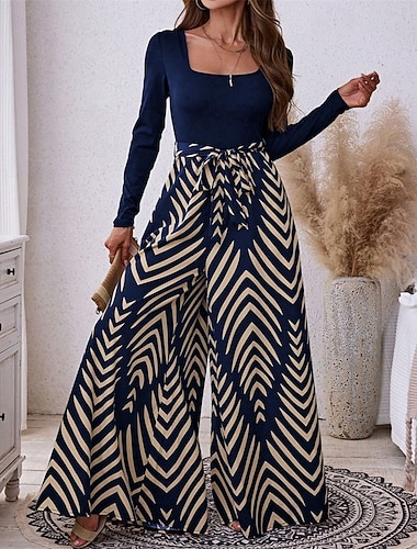  Γυναικεία Σαλόνια Ολόσωμες Φόρμες Μοντέρνα Σέξι Καθημερινό Γραφική Μονόχρωμες Με Κορδόνια Εξώπλατο Παντελόνι Διακοπές Σπίτι Δρόμος Μακρυμάνικο Λαιμόκοψη U Βαθυγάλαζο Καλοκαίρι Άνοιξη