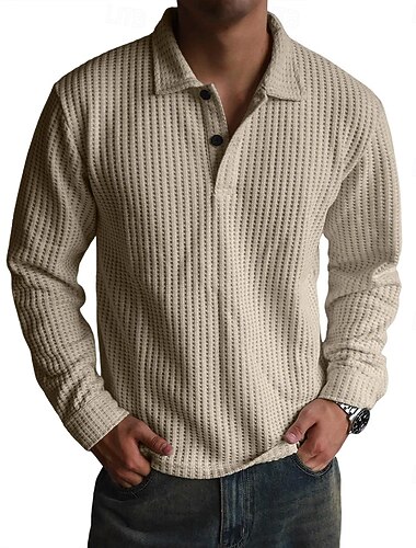  Herr Våffelpikétröjor Ledigt Sport Kavajslag Långärmad Grundläggande Modern Slät Strukturerad Knappar Vår Höst Blå Mörkgrön Vit Rubinrött Marinblå Purpur Våffelpikétröjor