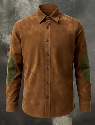  Herren Hemd Freizeithemd Vintage-Shirt Cordhemd Knopfhemd Wildlederhemden Schwarz Braun Kaki Langarm Farbblock Revers Lässig Täglich Patchwork Bekleidung Mode Vintage-Retro
