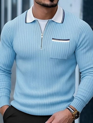  男性用 ワッフルポロシャツ クォータージップポロ アウトドア カジュアル クォータージップ 長袖 ファッション 近代の 純色 ニット 冬 春 & 秋 ホワイト ワイン ネイビーブルー ライトブルー ワッフルポロシャツ
