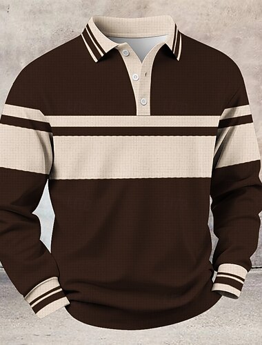  Herr Rand Våffelpikétröjor Rugby Polo Långärmad Polotröjor Skjortor med krage Ledigt Fritids- Dagliga kläder Knappar Vår Höst Vinter Blå Marinblå Brun