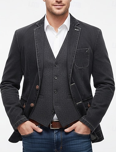  Miesten farkkubleiseri lovi kaulus retro vintage ulkoilu rento yksivärinen musta harmaa räätälöity istuvuus yksirivinen kaksinaptinen