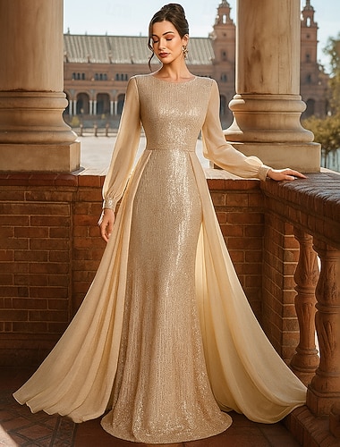  A-linja Kokopitkä Muodollinen mekko Iltapuku Kultainen mekko Pitkähihainen Tiukka pyöreä kaula-aukko Tyylikäs Vintage Kimmaltava ja hohtava Spandex Polyesteri Morsiammen äidin asu kanssa Paljeteilla