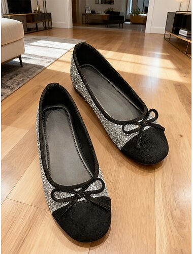  ballerine da donna in pelle scamosciata nera con dettagli glitterati: elegante design con fiocco, perfette per eventi serali, feste e occasioni speciali