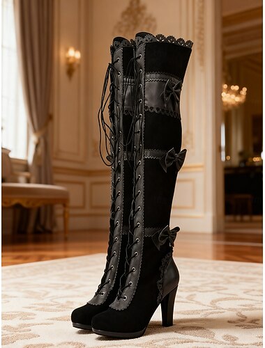  Blauwe veterlaarzen met strikken in Victoriaanse stijl voor dames - Suède hoge haklaarzen uit de jaren 20 voor dagelijks gebruik, carnaval en feestjes