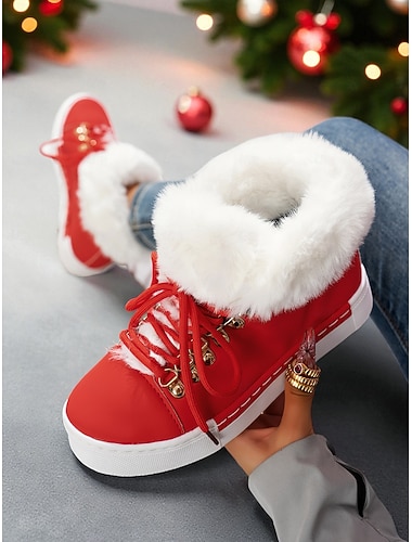  Dámské červené tenisky z umělé kožešiny - teplé zimní šněrovací boty s plyšovou podšívkou, vánoční ležérní obuv pro outdoorový a street style look