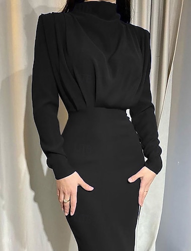  Damen Midikleid schwarzes kleid Elegant Mode Modern Täglich Ausgehen Wochenende Normale Passform Einfach Langarm Hoher Ausschnitt Schwarz Rosa Wein Dunkelblau Frühling Herbst Winter