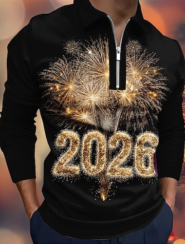  Neujahr Herren Feuerwerk Polo Langarm Polo-Shirts Revers Lässig Alltagskleidung Festival-Outfit 3D-Druck Viertelreißverschluss-Poloshirt Frühling Herbst Winter Schwarz