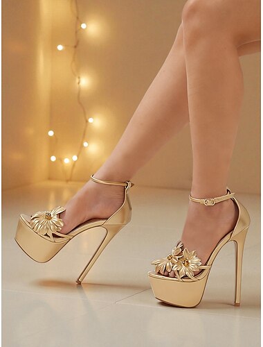  حذاء نسائي بكعب عالٍ ذهبي اللون مزين بزخارف نباتية - حذاء حفلات بكعب عالٍ أنيق للحياة الليلية والمناسبات الخاصة