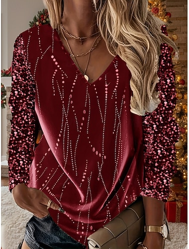  Natal Mulheres Blusa Côr Sólida à moda Casual Manga Longa Decote V Tops regulares Diário Feriado Paetês Patchwork Amarelo Vermelho Primavera Outono Inverno