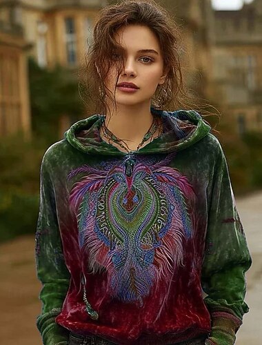  Dame Pullover hættetrøje sweatshirt Blomstret Grafisk Batikfarvet Elegant Punk Årgang Langærmet Hætte Almindelige toppe Hjem Gade Hverdag Blå Gul Rød Grøn Forår Efterår Vinter