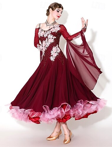  Vestido de baile de salón elegante para mujer, con apliques florales de pedrería, ideal para vals, tango, rumba moderna, competición y eventos. Color granate.