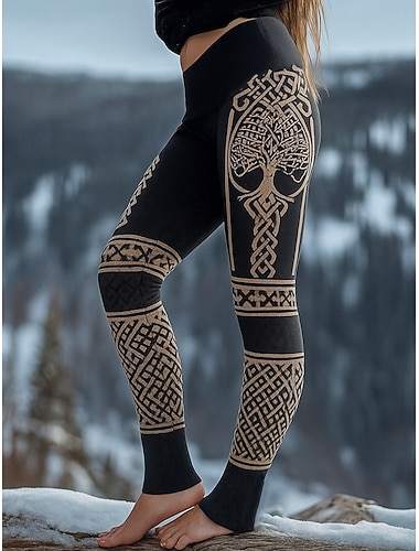  női viking bohém leggings vakációs vintage etno stílusú teljes hosszúságú magas derék grafikus absztrakt 3D nyomtatás gyorsan szárad légáteresztő puha nagy rugalmasságú fekete ősz tél normál szabású