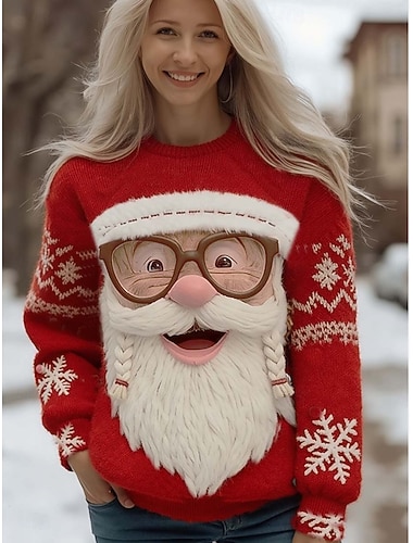  jul damegenser søt gatemote avslappet grafisk julenissen rund hals lappeteppe strikket langermet vanlig topper strikket julefest ferie rød høst vinter