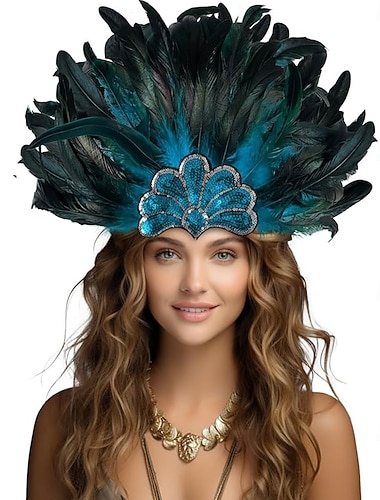  Karneval 2026 Rio Karneval Samba Tilbehør Påfugl Blå Grønn Fjær Hodeplagg Kvinner - Paljetter Showgirl Karneval Kostyme Hodeplagg - Mardi Gras Tilbehør Brasil Festival Opptreden Kostyme