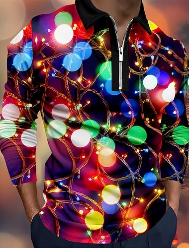  Noël Homme Lanternes Polo manche longue Polos Revers Occasionnel Tenue quotidienne Vêtements de festival Impression 3D Polo à fermeture éclair 1/4 Printemps Automne Hiver Rouge
