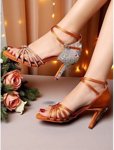  ラインストーンクリスタル付きレディースラテンダンスシューズ - パフォーマンスや競技用の足首ストラップ付きプロ仕様の社交サルサタンゴヒール