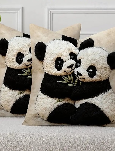  Capa de almofada quadrada moderna em linho com estampa de panda abraçando, com fechamento em zíper, macia e decorativa, ideal para sofá, quarto e sala de estar.