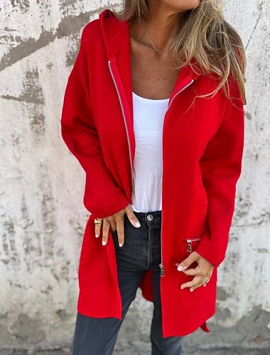  Dame Vinterfrakk Hettegenser Hold Varm Bekvem Glidelås Lomme Fritid عادي utendørs Feriereise Hjem Dagligdagstøy Lang Med hette Normal Langermet Yttertøy Svart Rød Kamel Høst Vinter