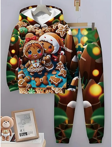  Navidad Chico 3D Graphic Los hombres de pan de jengibre Conjuntos navideños regalo de Navidad Conjunto de sudadera con capucha y pantalones deportivos Manga Larga Primavera Otoño Diario Básico Casual
